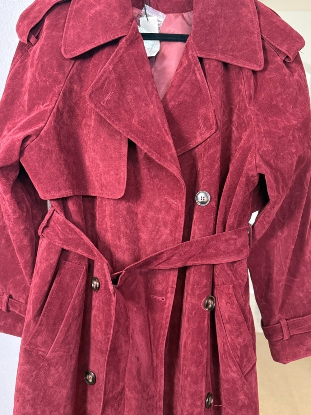 Commense Belted Double-Breasted Suede Effect Long Trench Coat - Picture 13 of 13